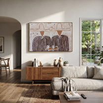 White Hats Share Breakfast - striped breakfast pair painting by Elliot Vale, modern figurative horizontal wall art - styled room scene view 1
