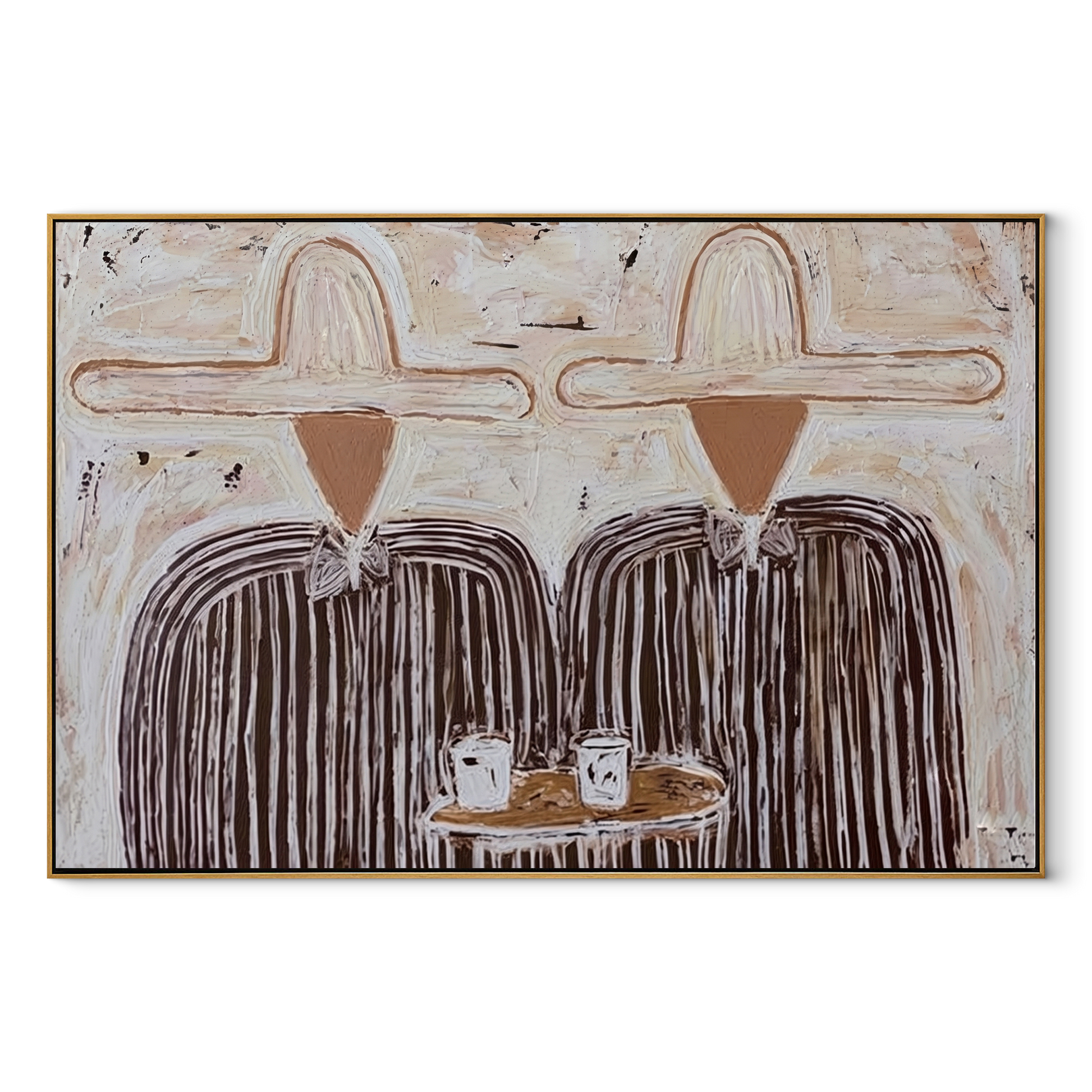 White Hats Share Breakfast - striped breakfast pair painting by Elliot Vale, modern figurative horizontal wall art - wood frame on white background