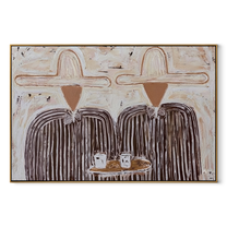 White Hats Share Breakfast - striped breakfast pair painting by Elliot Vale, modern figurative horizontal wall art - wood frame on white background