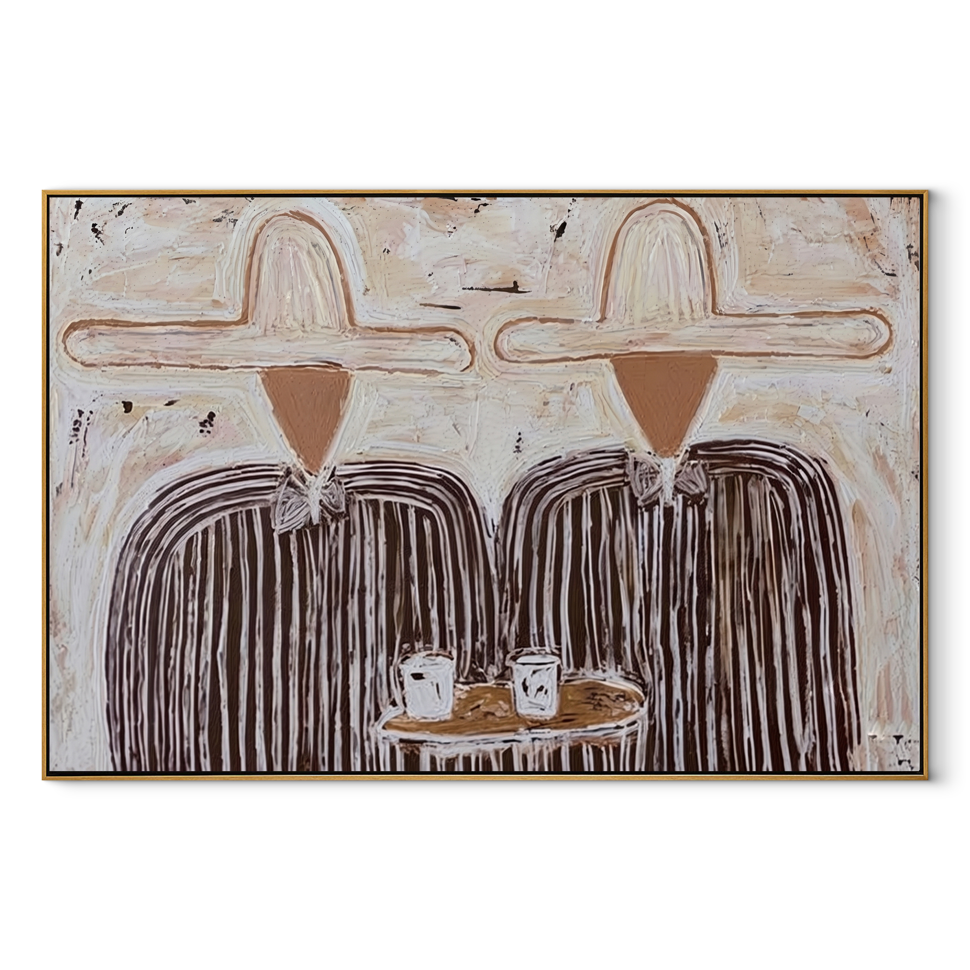 White Hats Share Breakfast - striped breakfast pair painting by Elliot Vale, modern figurative horizontal wall art - wood frame on white background