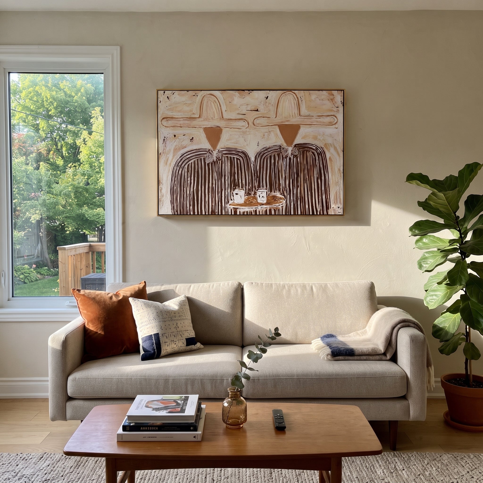White Hats Share Breakfast - striped breakfast pair painting by Elliot Vale, modern figurative horizontal wall art - styled room scene view 2