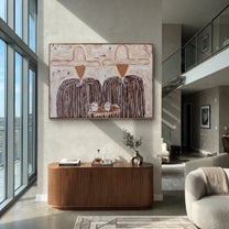 White Hats Share Breakfast - striped breakfast pair painting by Elliot Vale, modern figurative horizontal wall art - styled room scene view 4