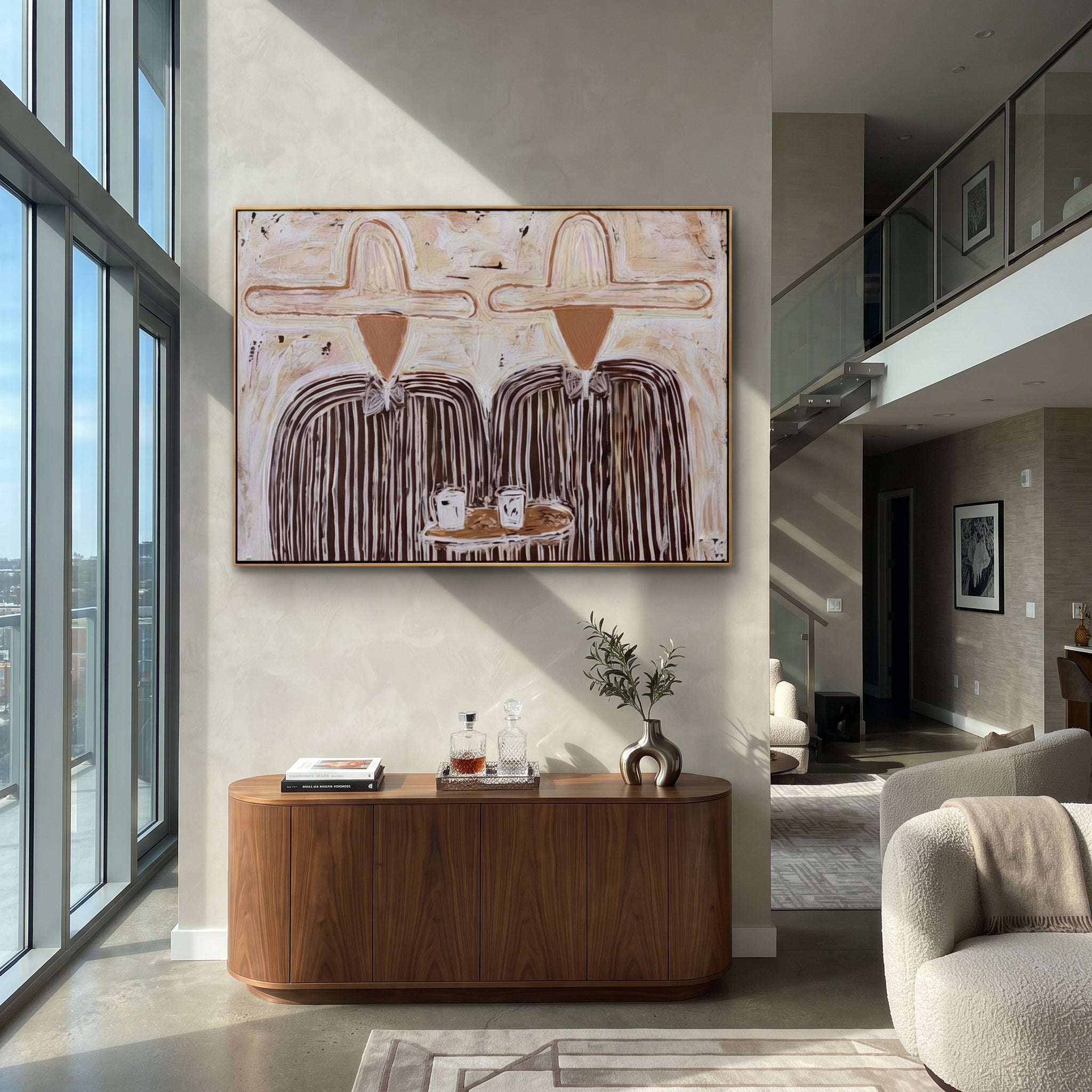 White Hats Share Breakfast - striped breakfast pair painting by Elliot Vale, modern figurative horizontal wall art - styled room scene view 4