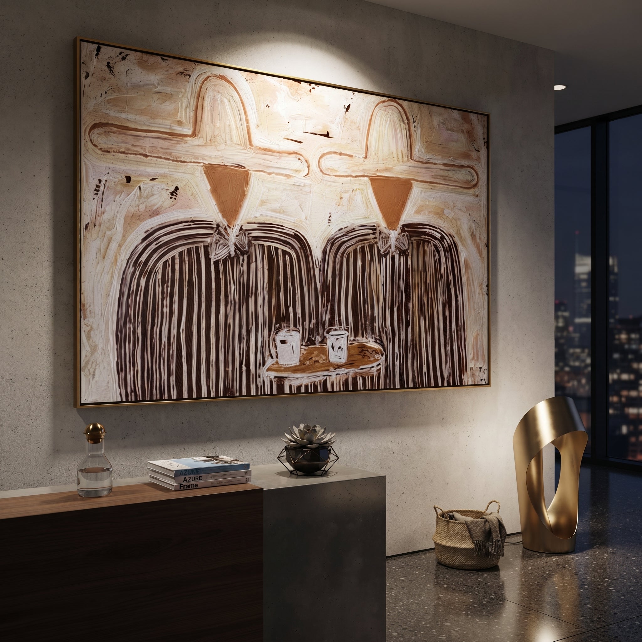 White Hats Share Breakfast - striped breakfast pair painting by Elliot Vale, modern figurative horizontal wall art - styled room scene view 5