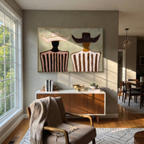 Pink Stripes Face Ivory - two tone striped pair painting by Elliot Vale, modern figurative horizontal wall art - styled room scene view 1