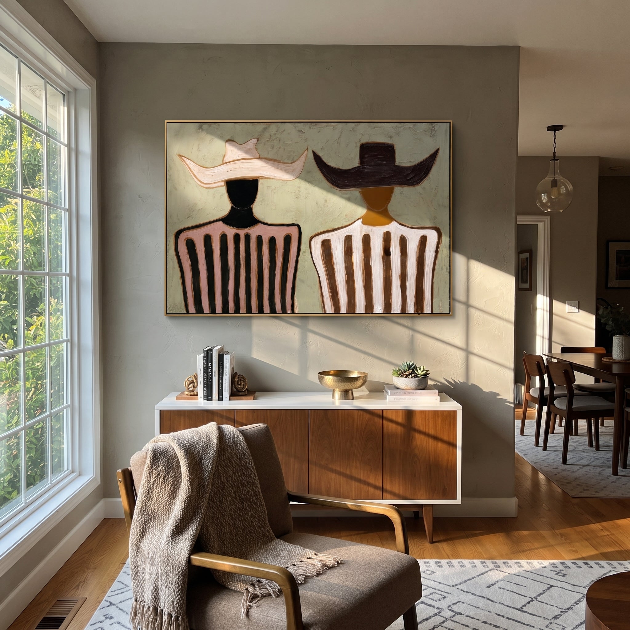 Pink Stripes Face Ivory - two tone striped pair painting by Elliot Vale, modern figurative horizontal wall art - styled room scene view 1