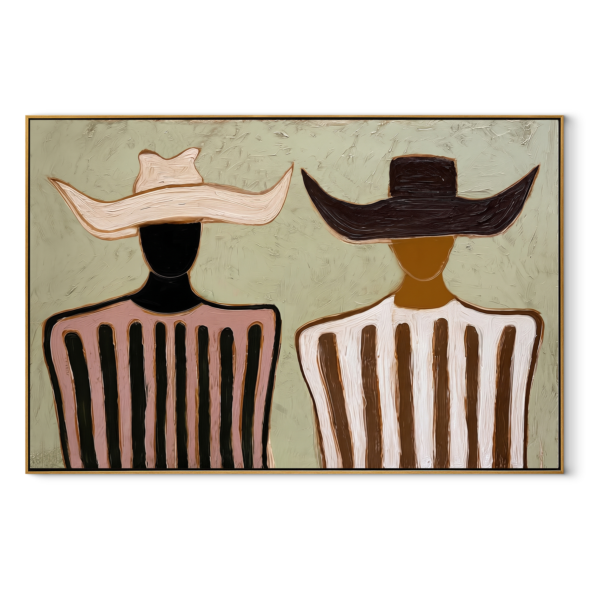 Pink Stripes Face Ivory - two tone striped pair painting by Elliot Vale, modern figurative horizontal wall art - wood frame on white background