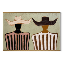 Pink Stripes Face Ivory - two tone striped pair painting by Elliot Vale, modern figurative horizontal wall art - wood frame on white background