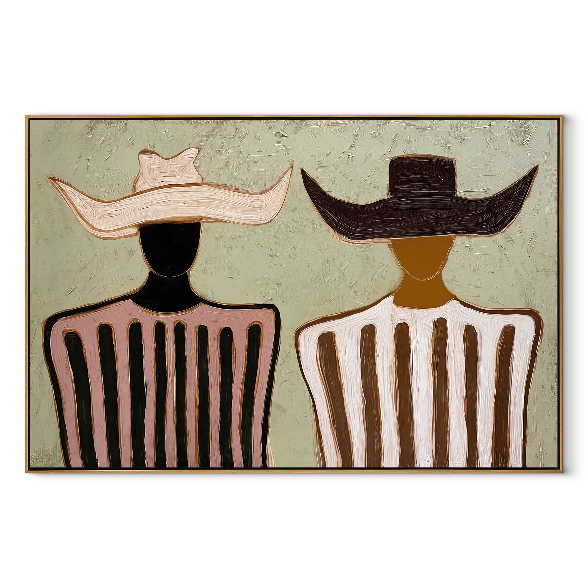 Pink Stripes Face Ivory - two tone striped pair painting by Elliot Vale, modern figurative horizontal wall art - wood frame on white background
