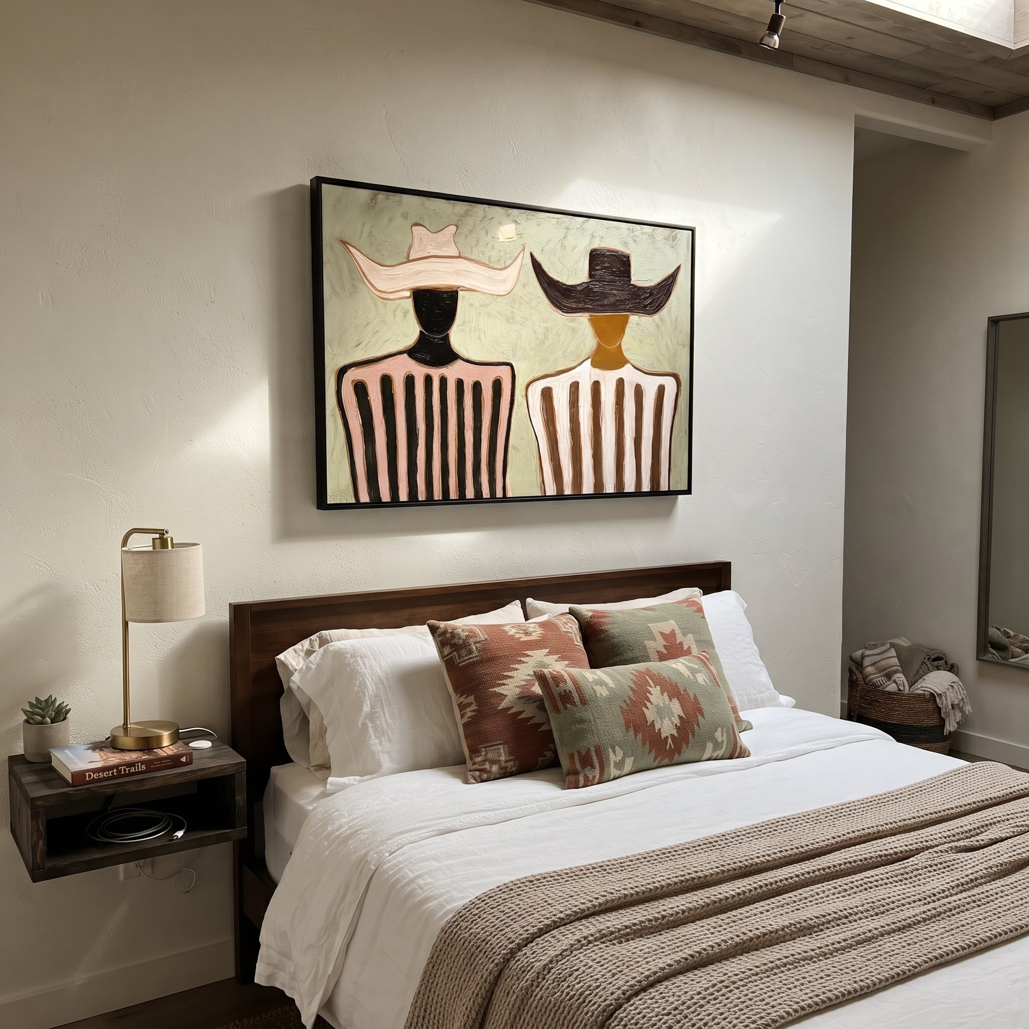 Pink Stripes Face Ivory - two tone striped pair painting by Elliot Vale, modern figurative horizontal wall art - styled room scene view 3