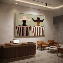 Pink Stripes Face Ivory - two tone striped pair painting by Elliot Vale, modern figurative horizontal wall art - styled room scene view 4