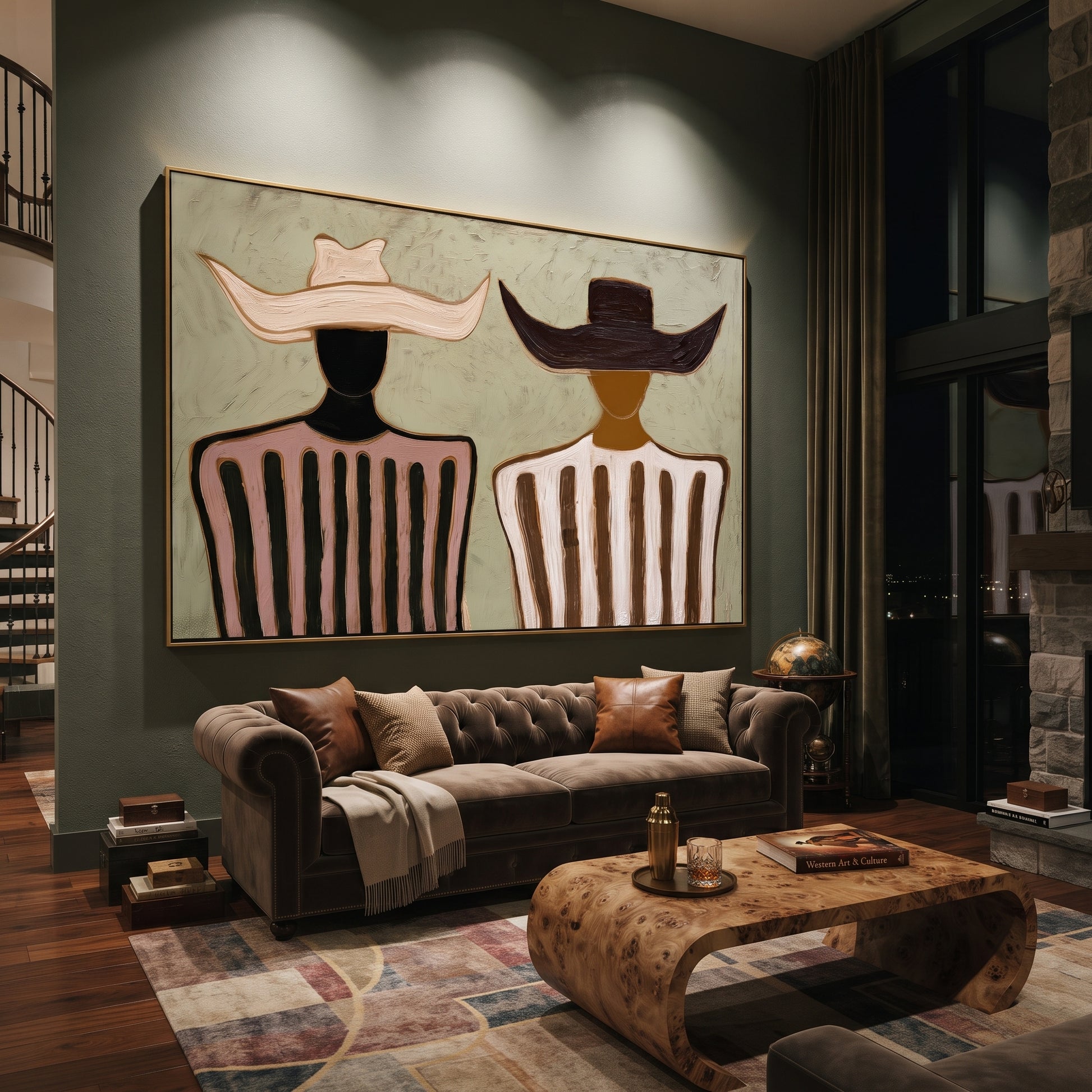 Pink Stripes Face Ivory - two tone striped pair painting by Elliot Vale, modern figurative horizontal wall art - styled room scene view 5