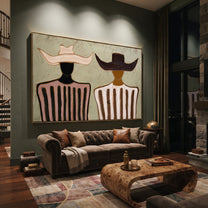 Pink Stripes Face Ivory - two tone striped pair painting by Elliot Vale, modern figurative horizontal wall art - styled room scene view 5