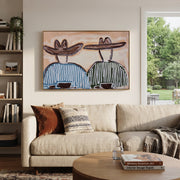 Two Bowls Hold Morning - striped breakfast pair painting by Elliot Vale, modern figurative horizontal wall art - styled room scene view 1