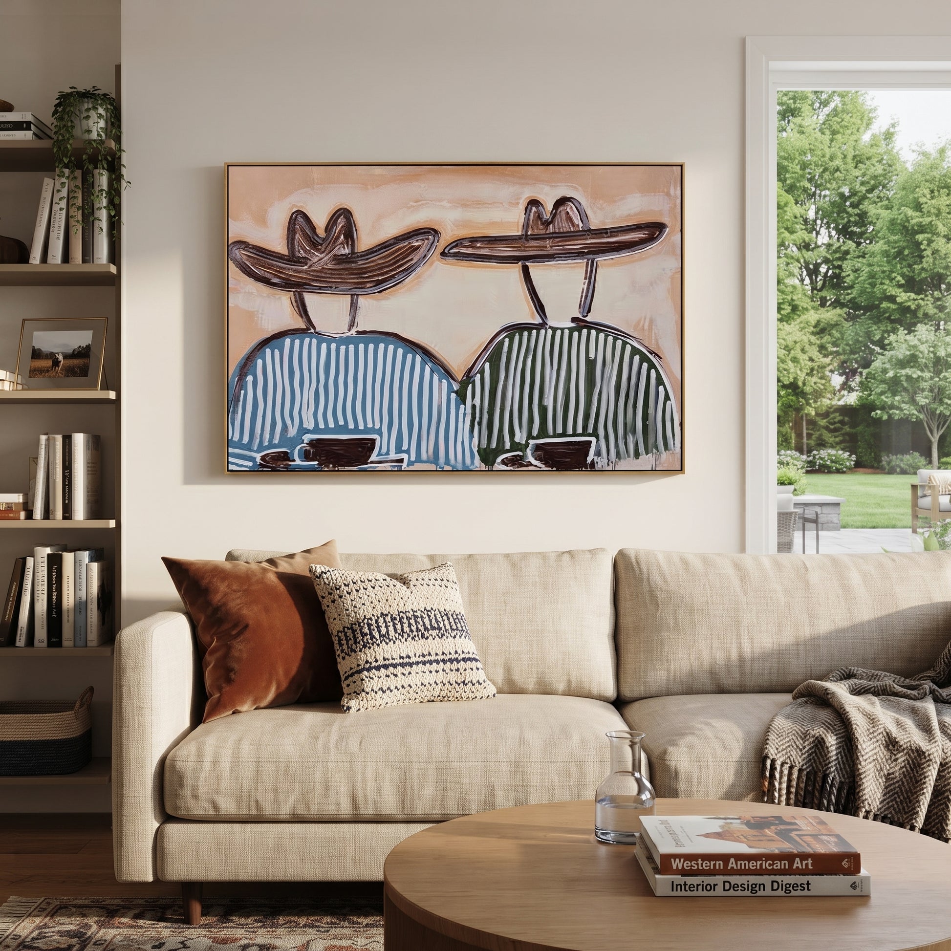 Two Bowls Hold Morning - striped breakfast pair painting by Elliot Vale, modern figurative horizontal wall art - styled room scene view 1