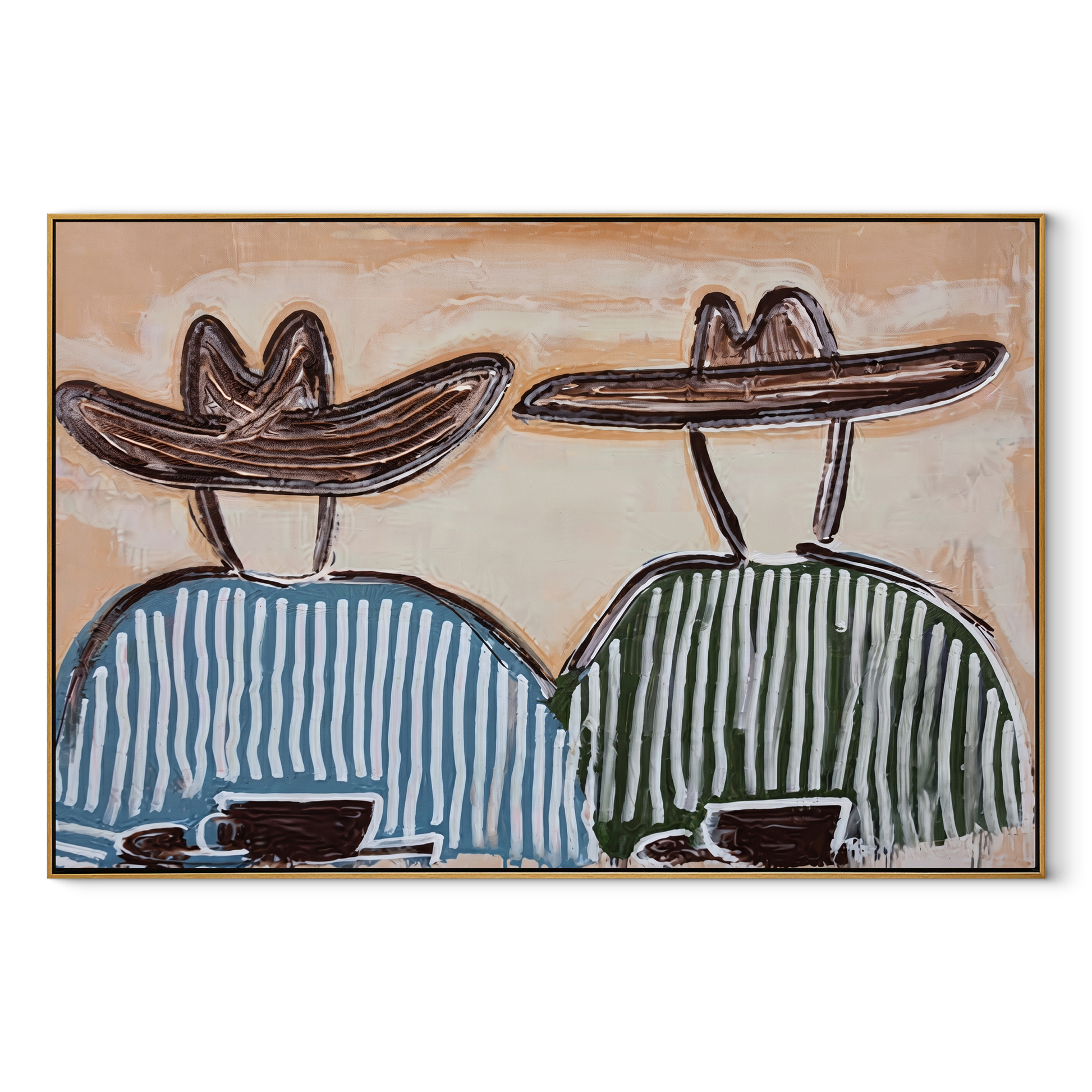 Two Bowls Hold Morning - striped breakfast pair painting by Elliot Vale, modern figurative horizontal wall art - wood frame on white background