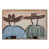 Two Bowls Hold Morning - striped breakfast pair painting by Elliot Vale, modern figurative horizontal wall art - wood frame on white background