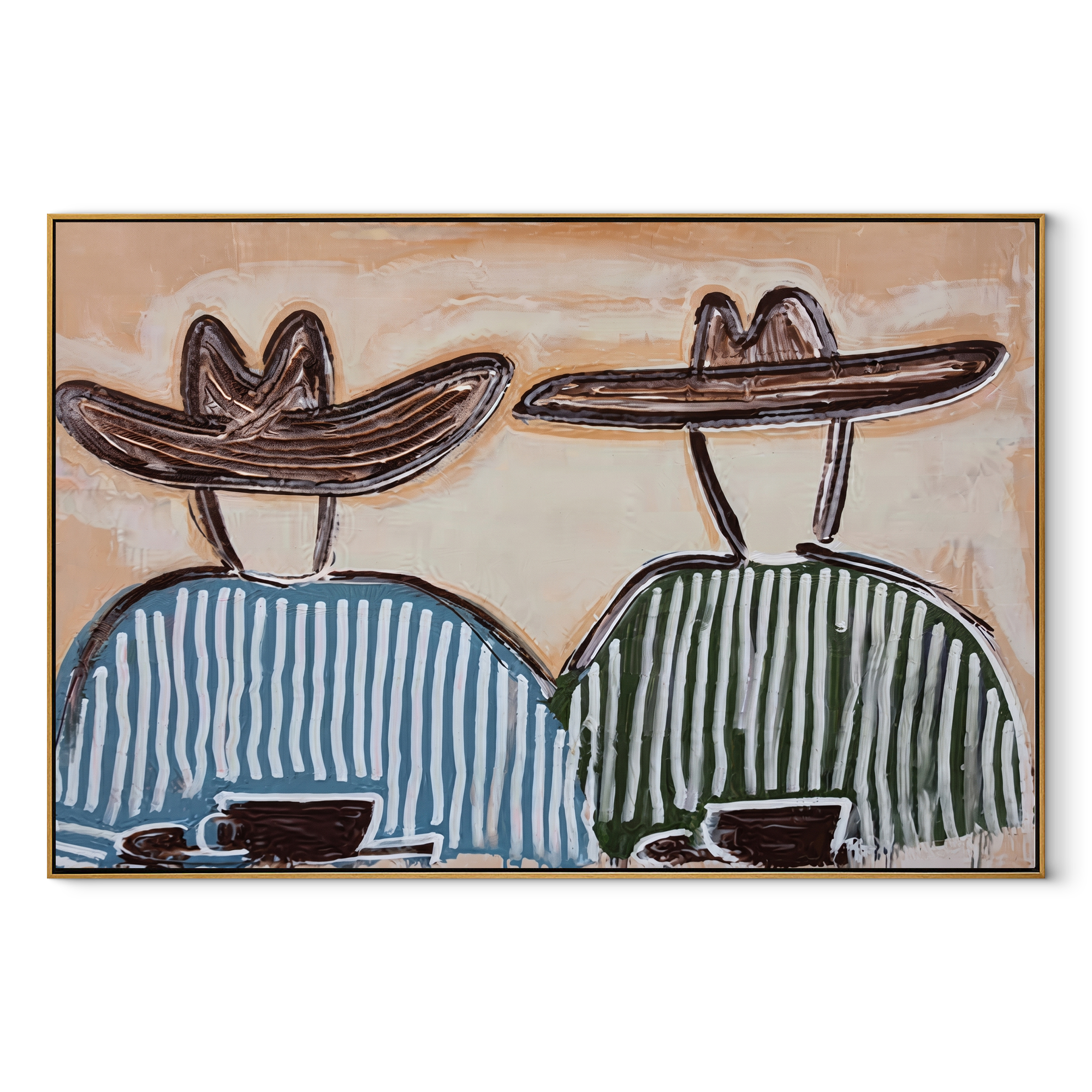 Two Bowls Hold Morning - striped breakfast pair painting by Elliot Vale, modern figurative horizontal wall art - wood frame on white background