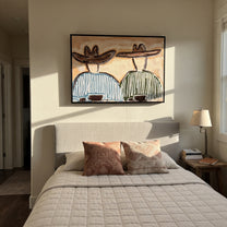 Two Bowls Hold Morning - striped breakfast pair painting by Elliot Vale, modern figurative horizontal wall art - styled room scene view 2