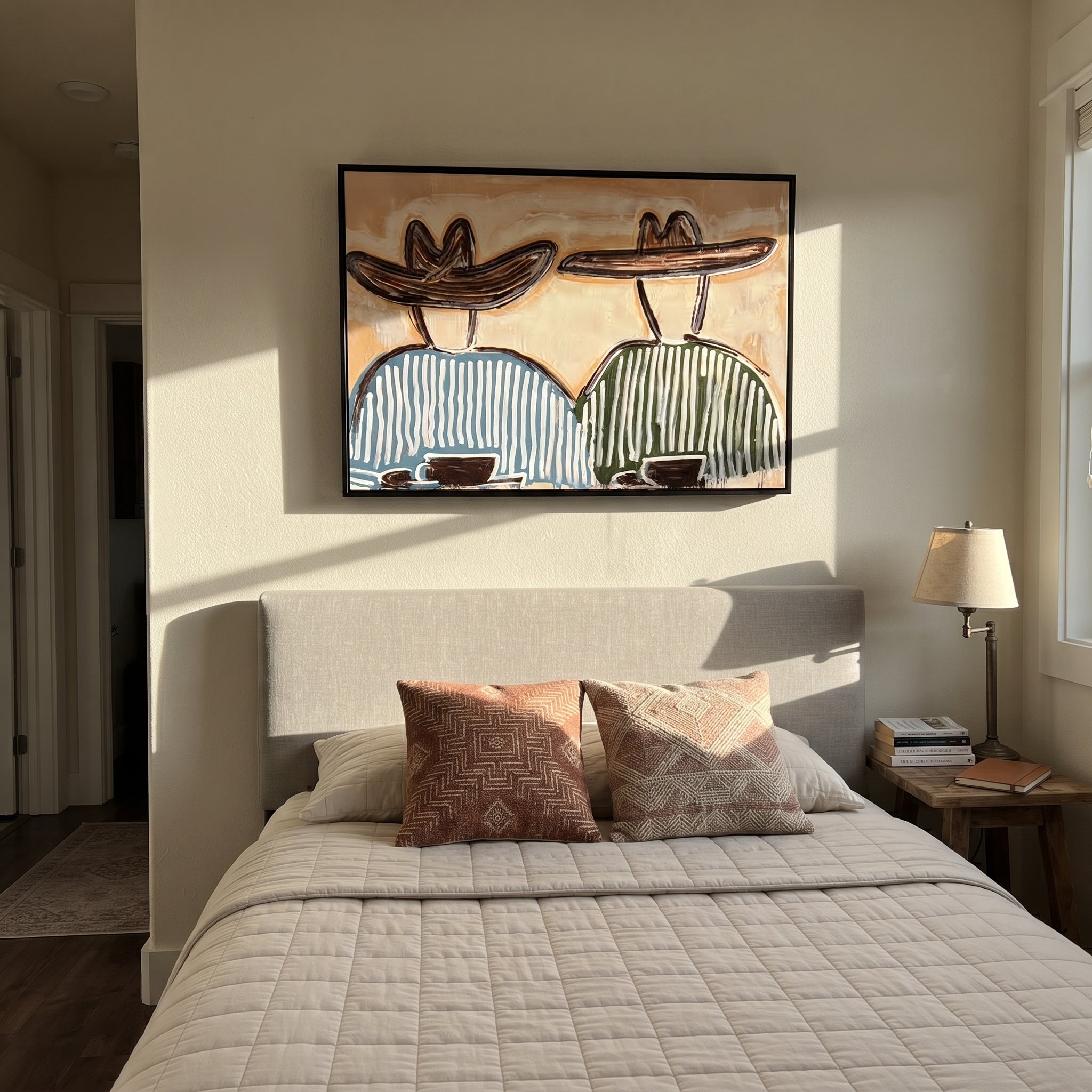 Two Bowls Hold Morning - striped breakfast pair painting by Elliot Vale, modern figurative horizontal wall art - styled room scene view 2