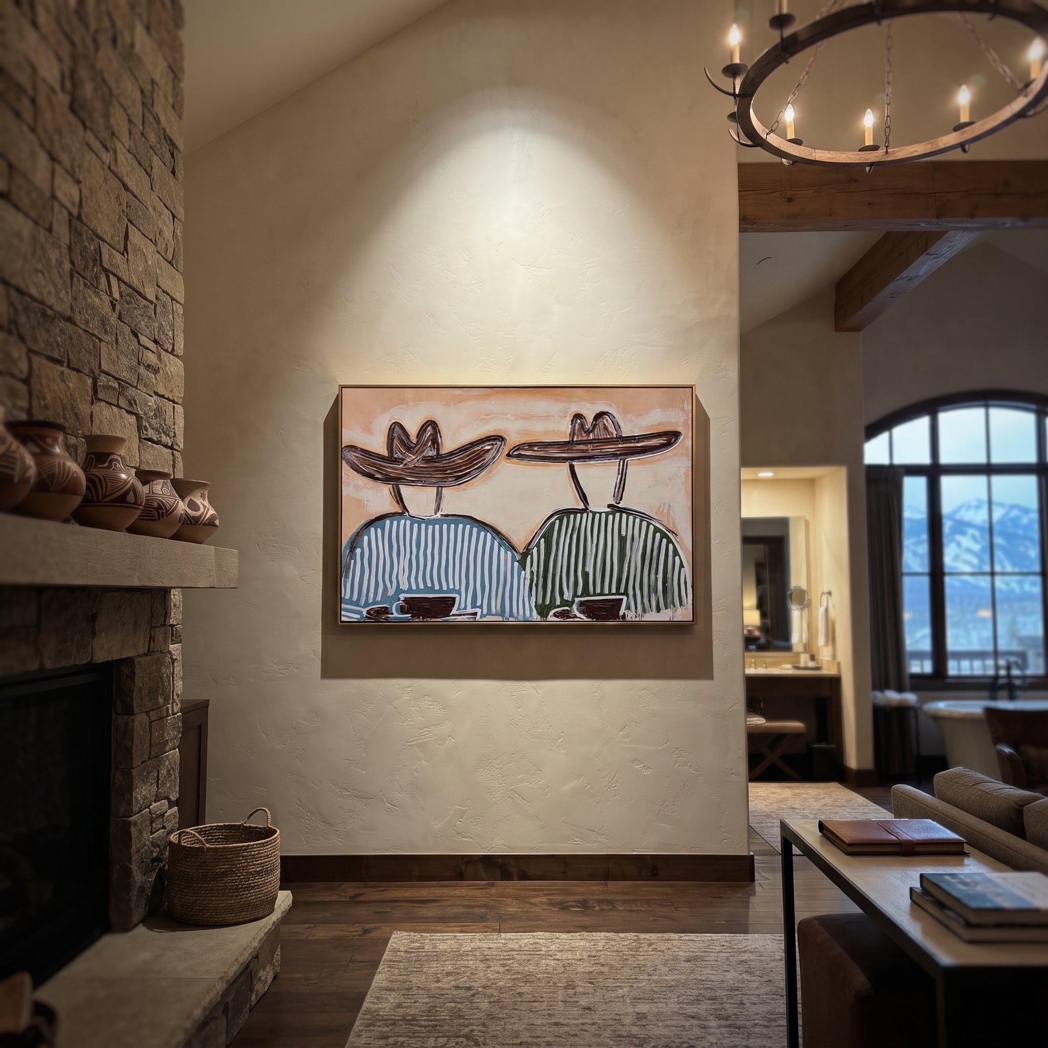 Two Bowls Hold Morning - striped breakfast pair painting by Elliot Vale, modern figurative horizontal wall art - styled room scene view 3