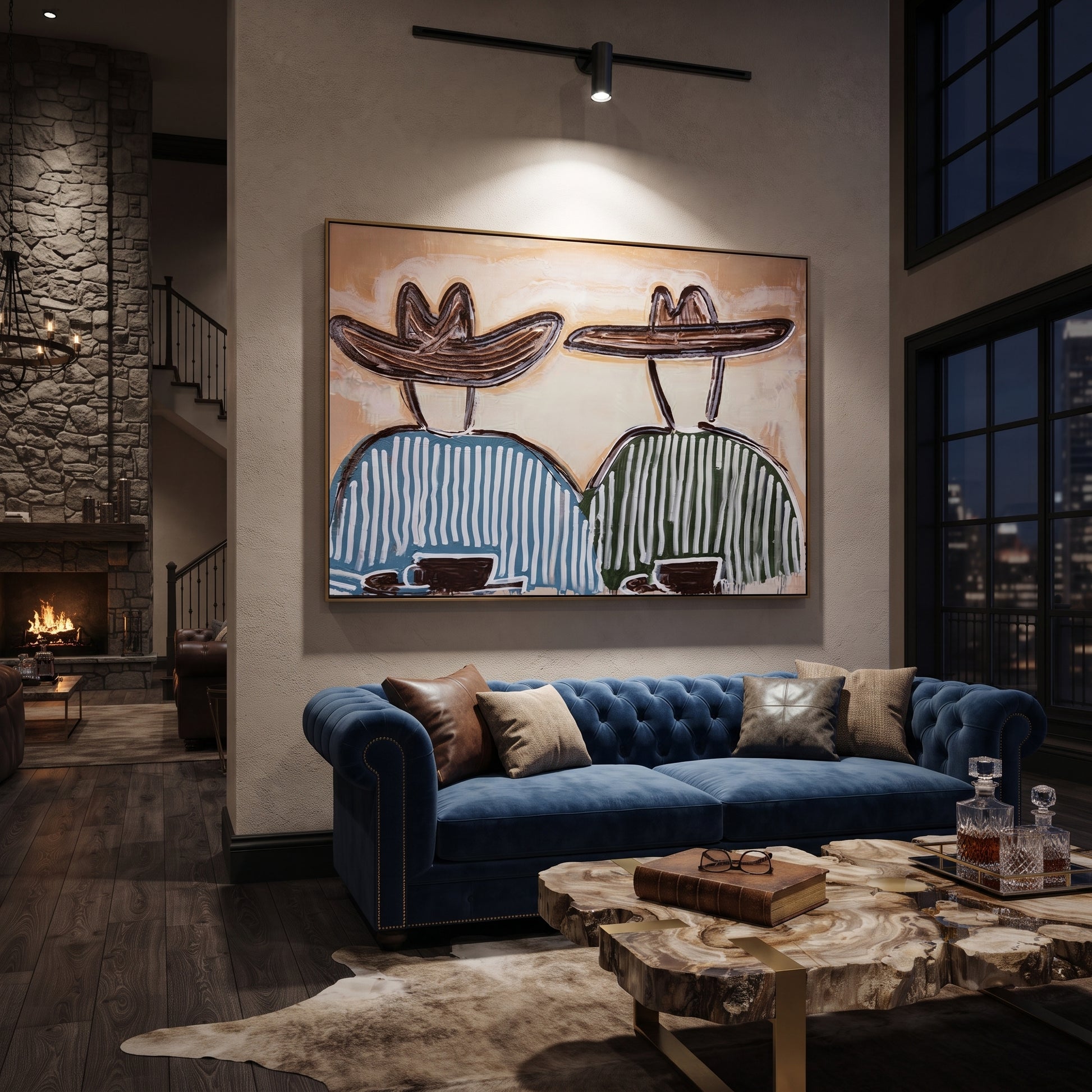 Two Bowls Hold Morning - striped breakfast pair painting by Elliot Vale, modern figurative horizontal wall art - styled room scene view 4