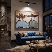 Two Bowls Hold Morning - striped breakfast pair painting by Elliot Vale, modern figurative horizontal wall art - styled room scene view 4