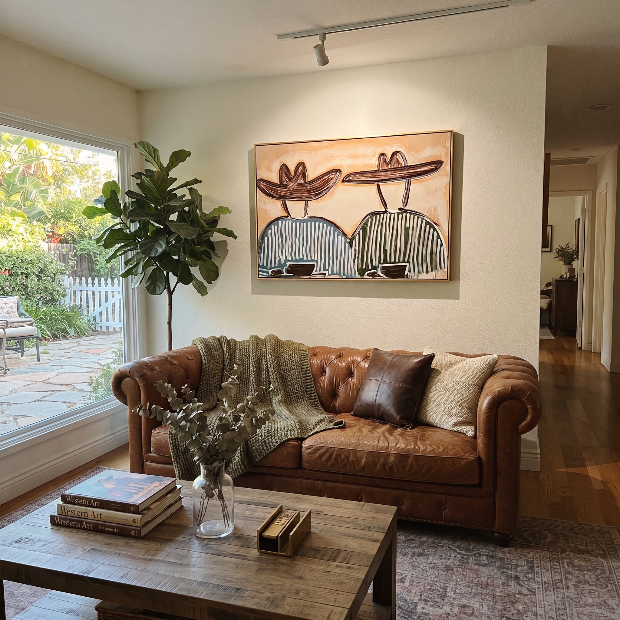Two Bowls Hold Morning - striped breakfast pair painting by Elliot Vale, modern figurative horizontal wall art - styled room scene view 5
