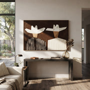 White Geometry Splits Brown - geometric hat figure pair painting by Elliot Vale, modern figurative horizontal wall art - styled room scene view 1