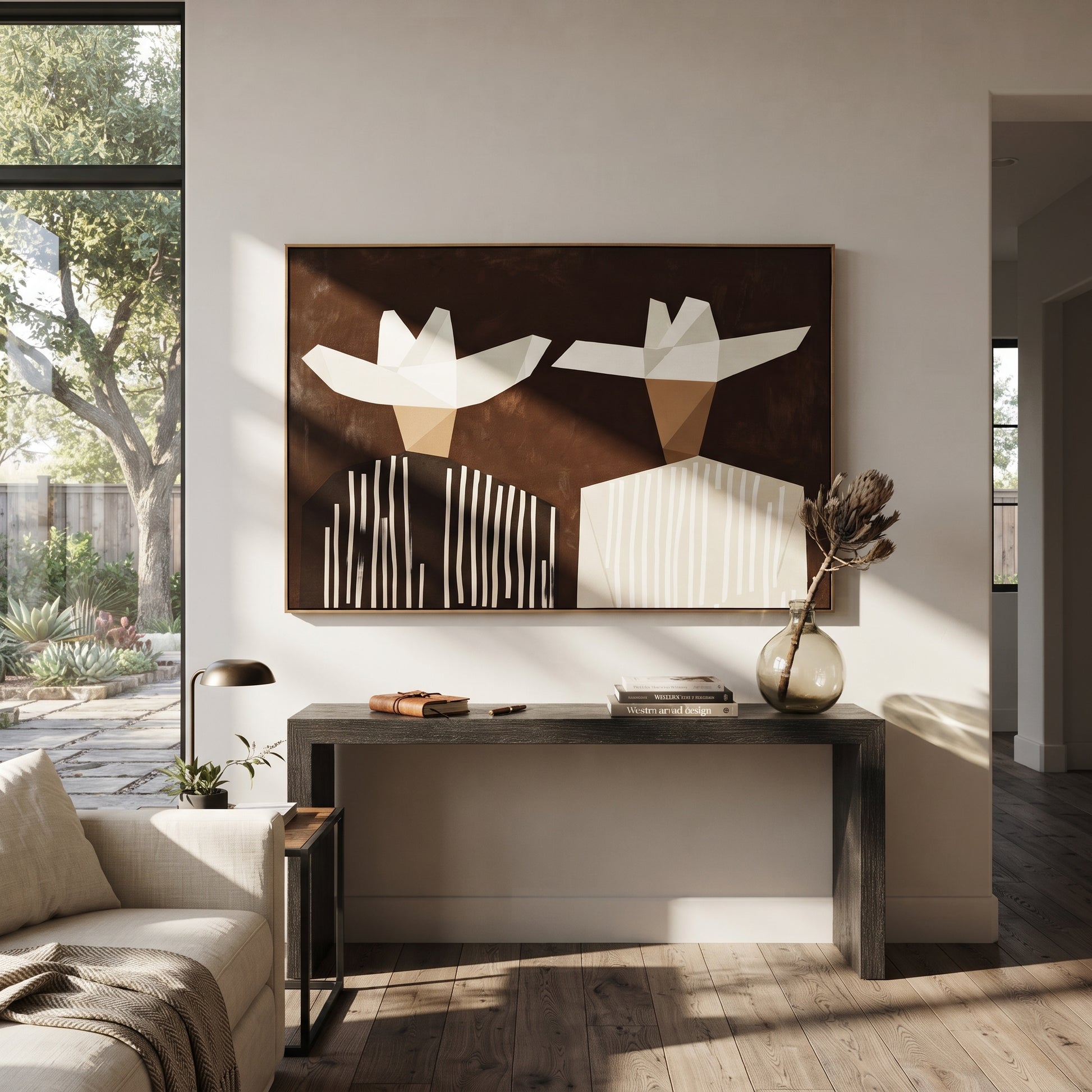 White Geometry Splits Brown - geometric hat figure pair painting by Elliot Vale, modern figurative horizontal wall art - styled room scene view 1
