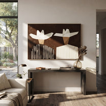 White Geometry Splits Brown - geometric hat figure pair painting by Elliot Vale, modern figurative horizontal wall art - styled room scene view 1