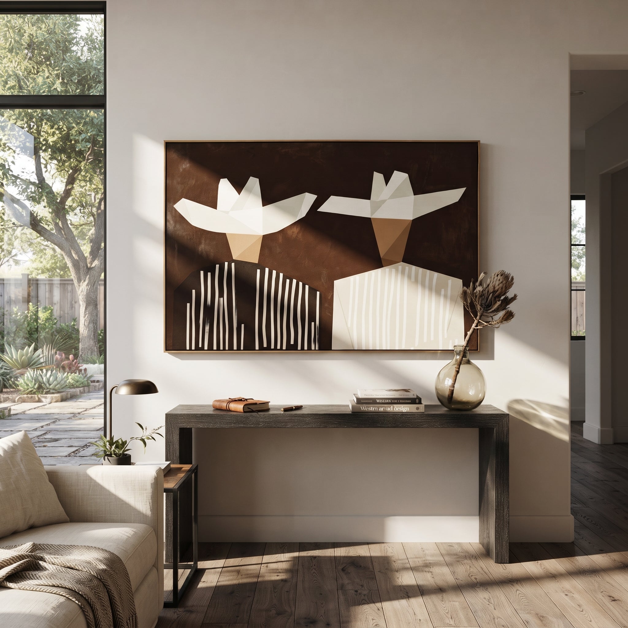 White Geometry Splits Brown - geometric hat figure pair painting by Elliot Vale, modern figurative horizontal wall art - styled room scene view 1