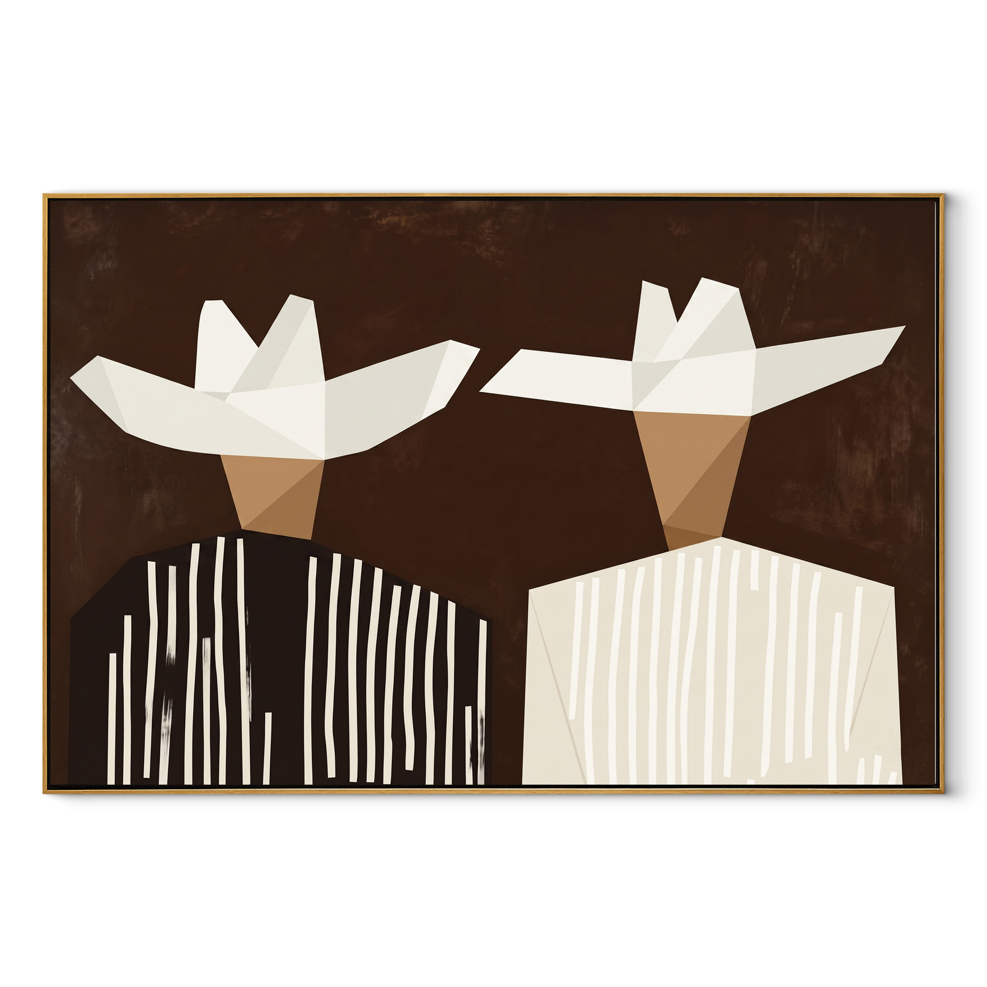 White Geometry Splits Brown - geometric hat figure pair painting by Elliot Vale, modern figurative horizontal wall art - wood frame on white background