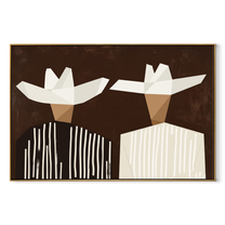White Geometry Splits Brown - geometric hat figure pair painting by Elliot Vale, modern figurative horizontal wall art - wood frame on white background