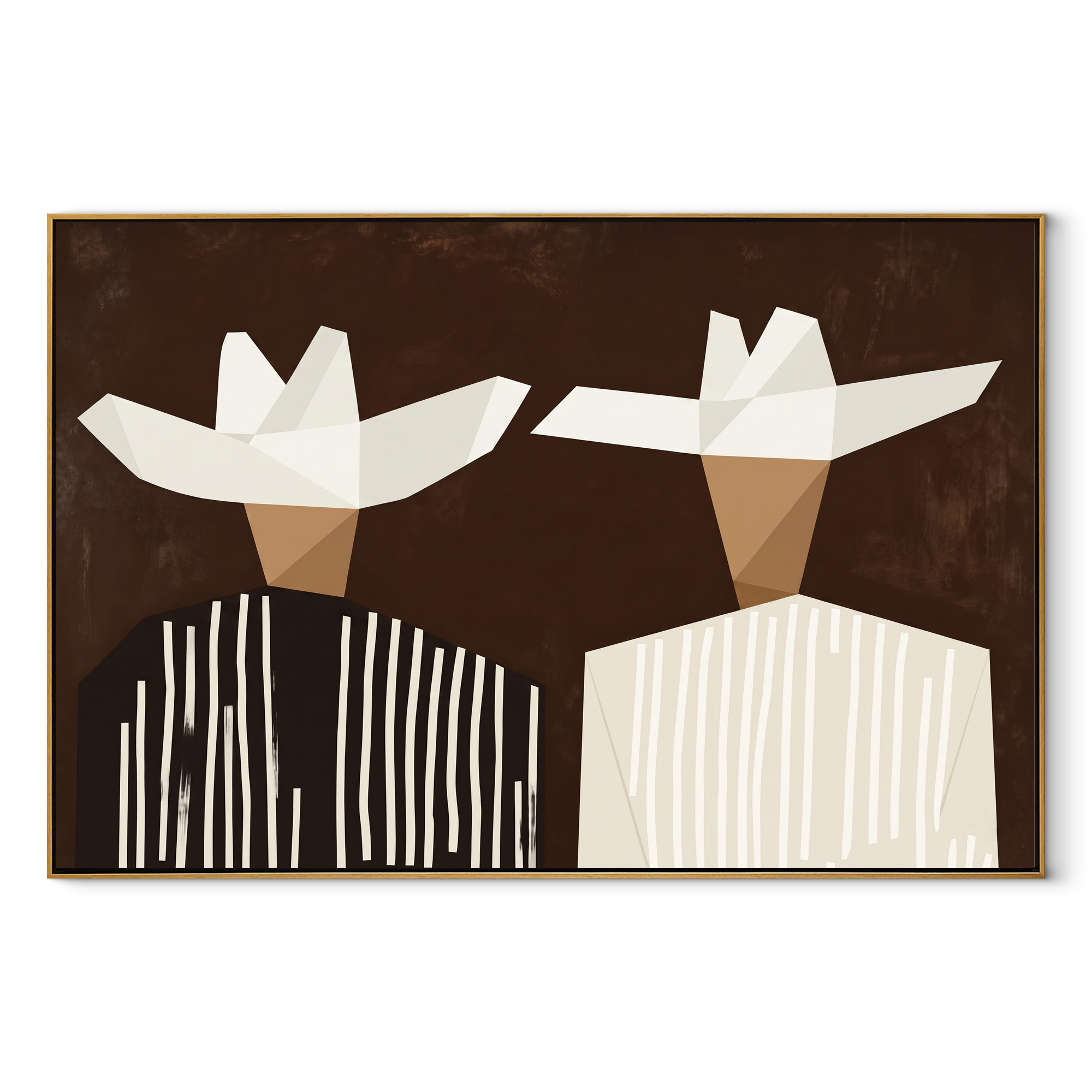 White Geometry Splits Brown - geometric hat figure pair painting by Elliot Vale, modern figurative horizontal wall art - wood frame on white background