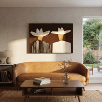 White Geometry Splits Brown - geometric hat figure pair painting by Elliot Vale, modern figurative horizontal wall art - styled room scene view 2