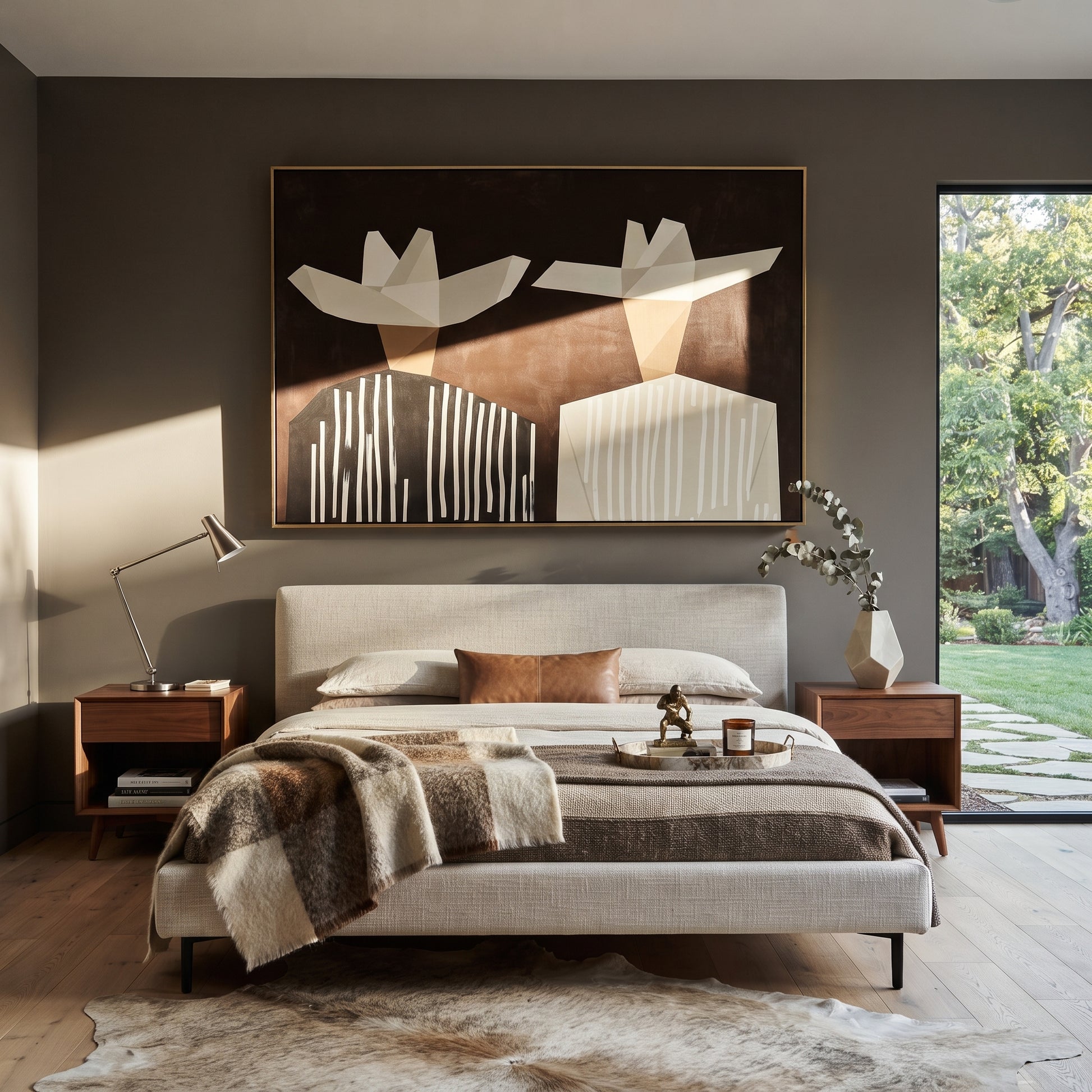 White Geometry Splits Brown - geometric hat figure pair painting by Elliot Vale, modern figurative horizontal wall art - styled room scene view 3