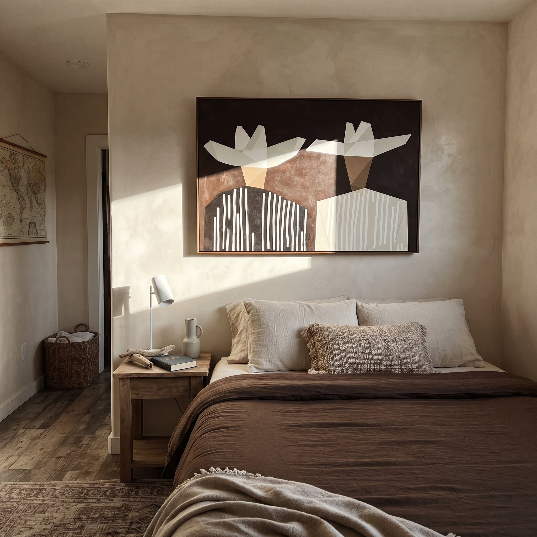 White Geometry Splits Brown - geometric hat figure pair painting by Elliot Vale, modern figurative horizontal wall art - styled room scene view 4