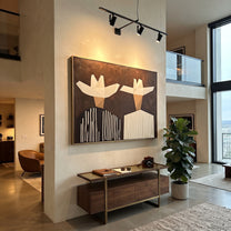 White Geometry Splits Brown - geometric hat figure pair painting by Elliot Vale, modern figurative horizontal wall art - styled room scene view 5