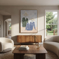 Green Stripes Bend Blue - abstract seated figure pair painting by Elliot Vale, modern figurative vertical wall art - styled room scene view 1
