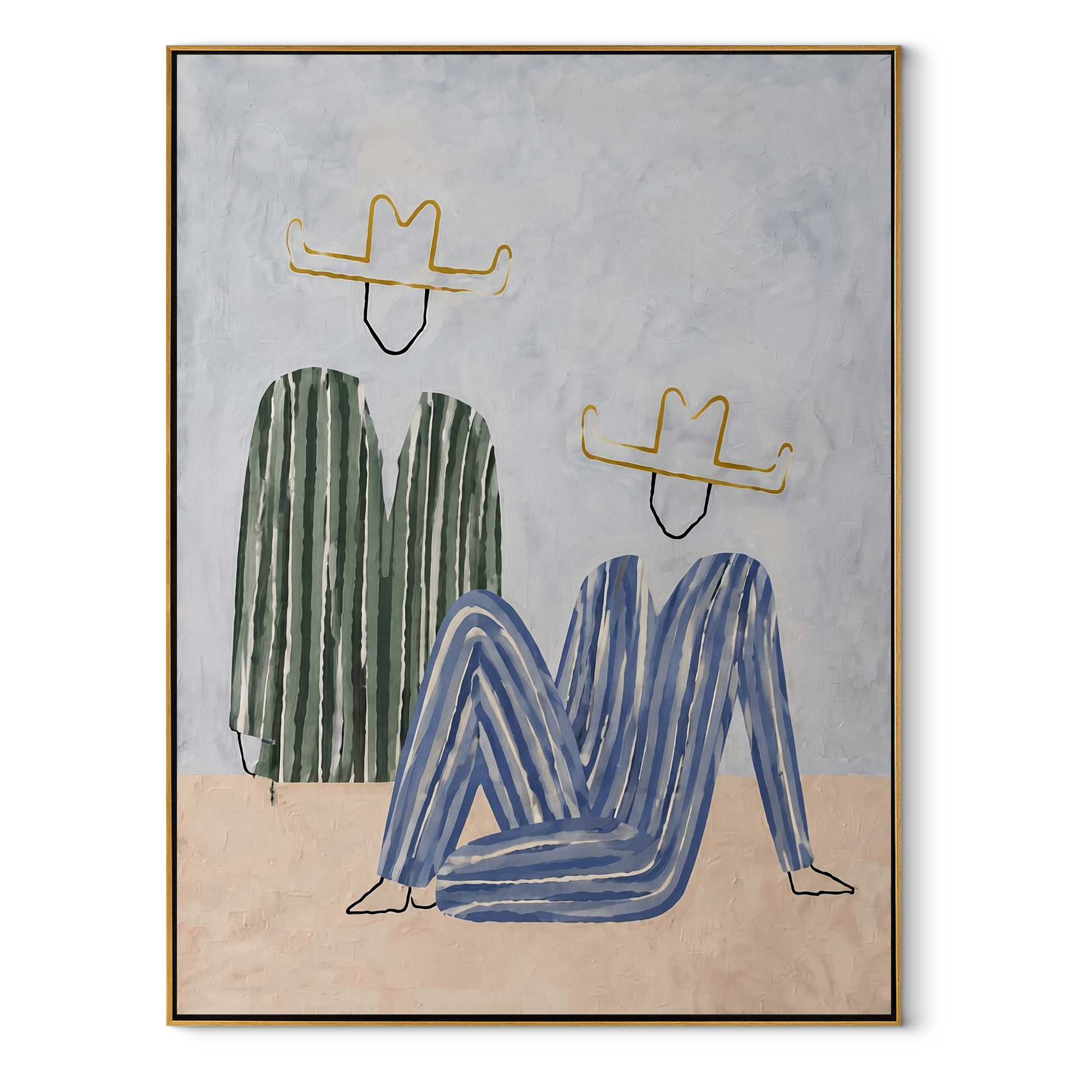 Green Stripes Bend Blue - abstract seated figure pair painting by Elliot Vale, modern figurative vertical wall art - wood frame on white background