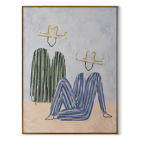 Green Stripes Bend Blue - abstract seated figure pair painting by Elliot Vale, modern figurative vertical wall art - wood frame on white background