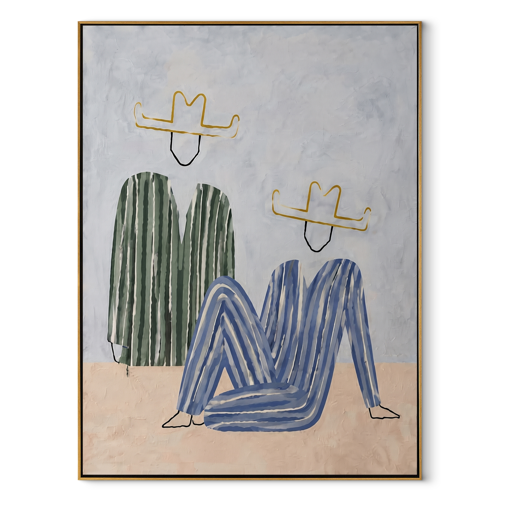 Green Stripes Bend Blue - abstract seated figure pair painting by Elliot Vale, modern figurative vertical wall art - wood frame on white background