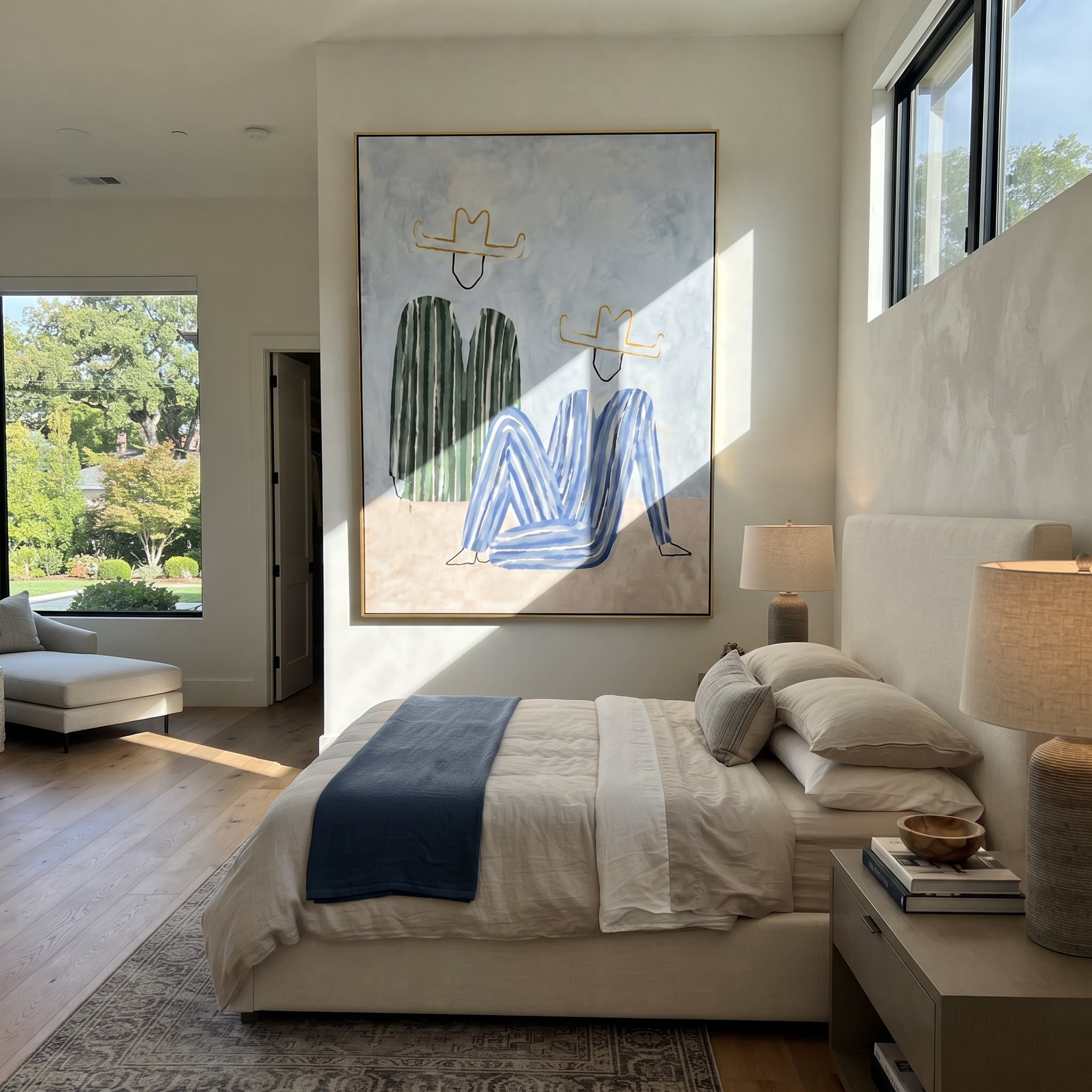 Green Stripes Bend Blue - abstract seated figure pair painting by Elliot Vale, modern figurative vertical wall art - styled room scene view 2