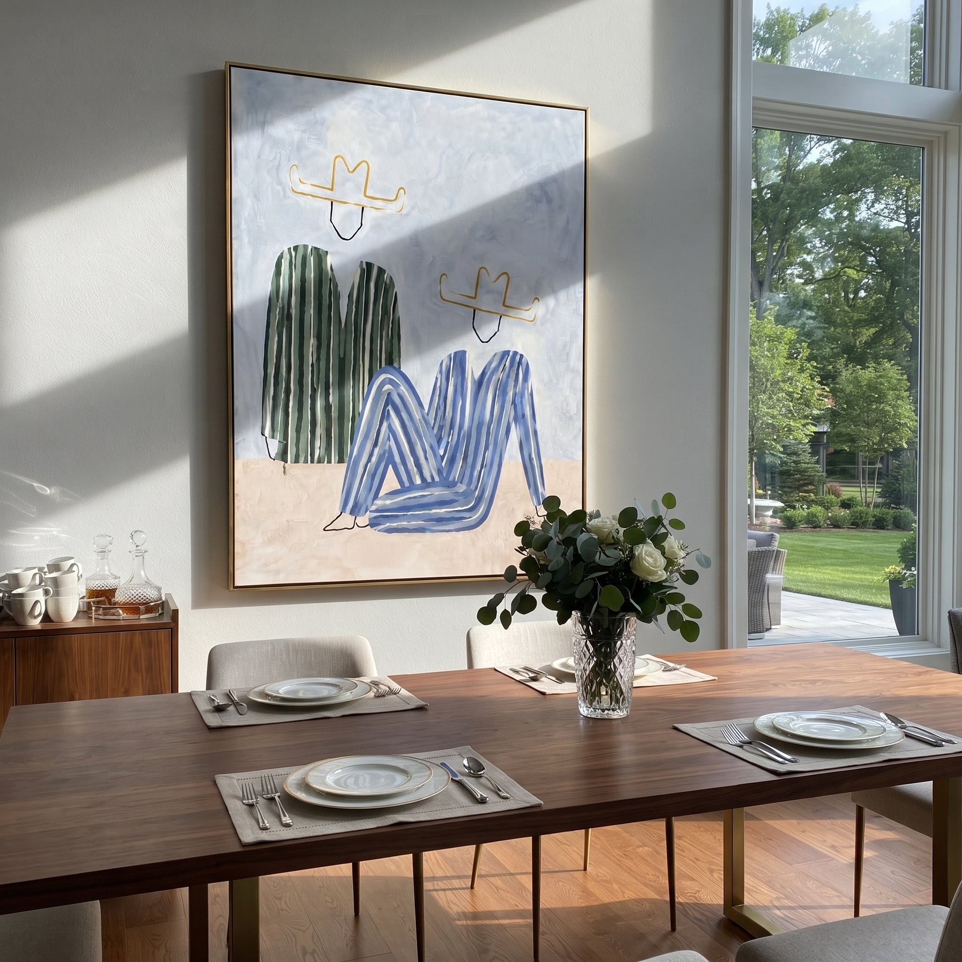 Green Stripes Bend Blue - abstract seated figure pair painting by Elliot Vale, modern figurative vertical wall art - styled room scene view 3