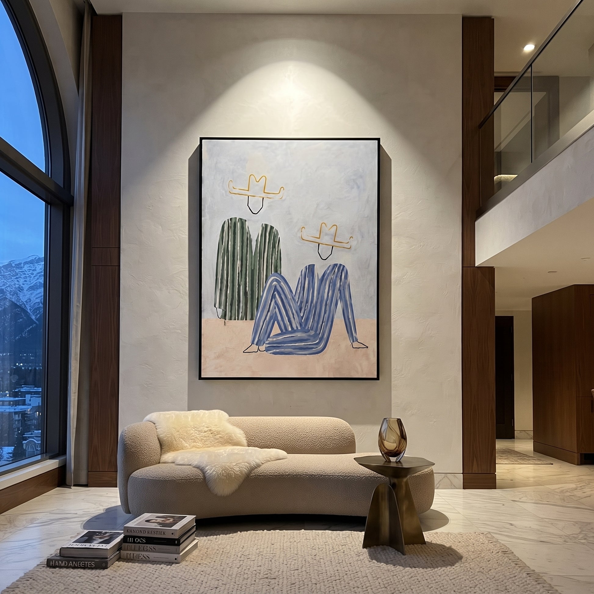 Green Stripes Bend Blue - abstract seated figure pair painting by Elliot Vale, modern figurative vertical wall art - styled room scene view 4