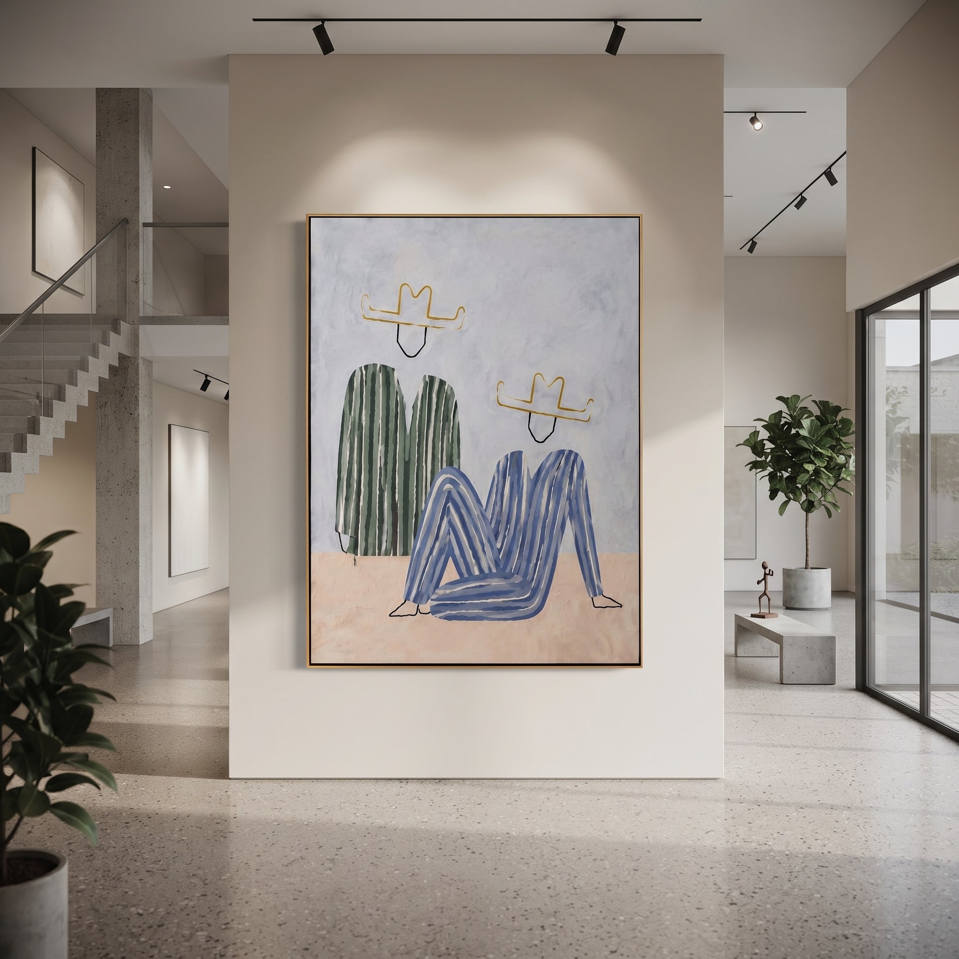 Green Stripes Bend Blue - abstract seated figure pair painting by Elliot Vale, modern figurative vertical wall art - styled room scene view 5