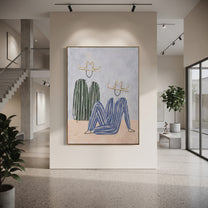 Green Stripes Bend Blue - abstract seated figure pair painting by Elliot Vale, modern figurative vertical wall art - styled room scene view 5