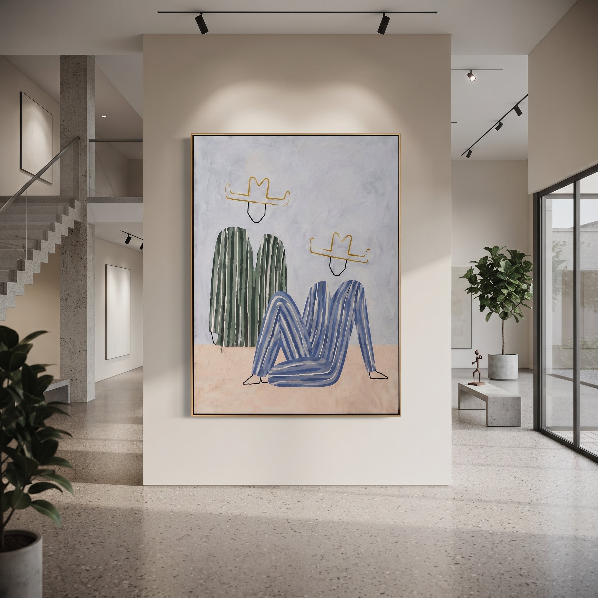 Green Stripes Bend Blue - abstract seated figure pair painting by Elliot Vale, modern figurative vertical wall art - styled room scene view 5