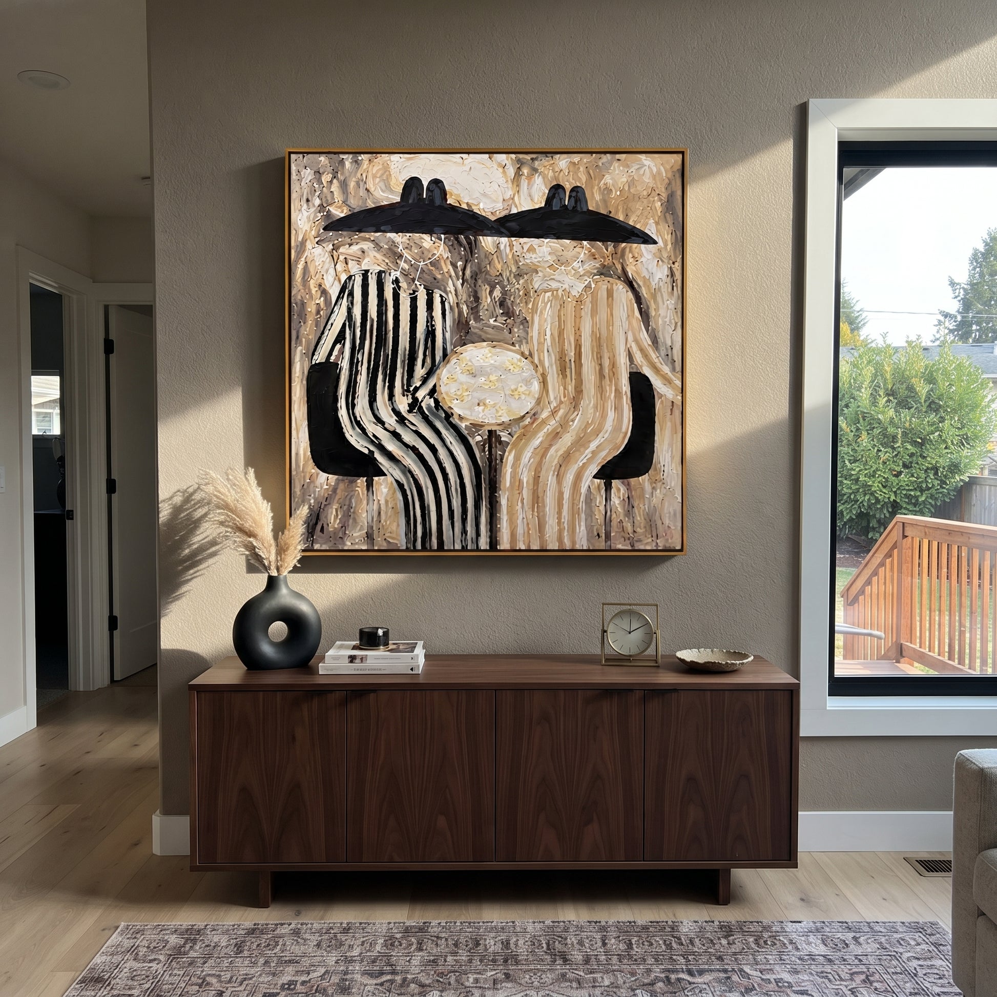 Black Hats Guard Table - striped table figure pair painting by Elliot Vale, modern figurative square wall art - styled room scene view 1
